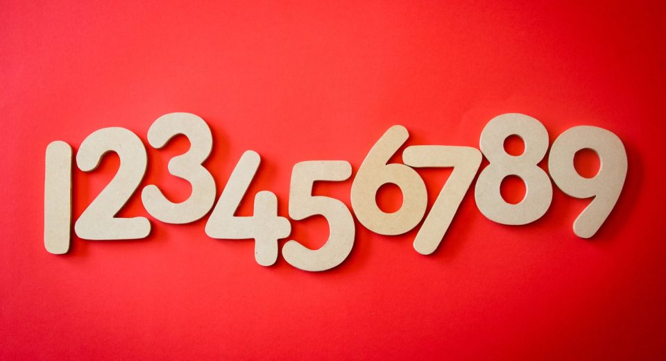 1-8 numbers in yellow on a red background for destiny number in numerology