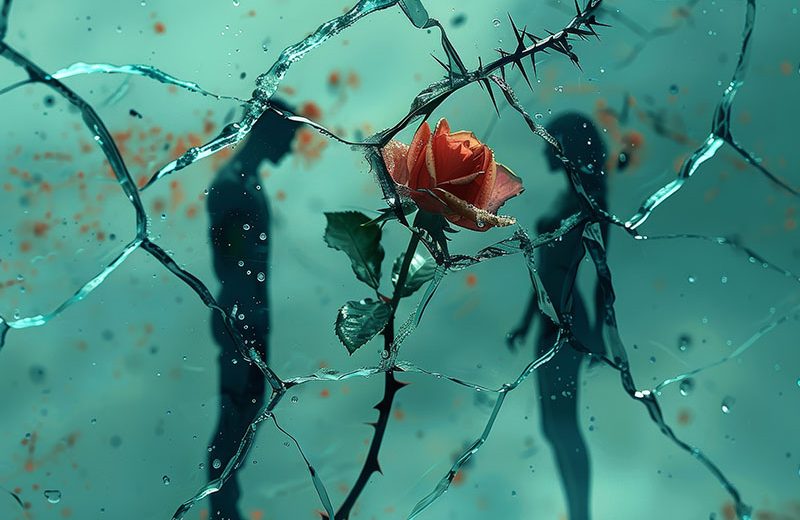 One figure appears to be draining the life force from the other. A rose with thorns growing through the figures, representing a false form of love. Shattered glass or broken mirrors reflecting distorted versions of the figures. Use a cool color palette to evoke a sense of isolation and despair,