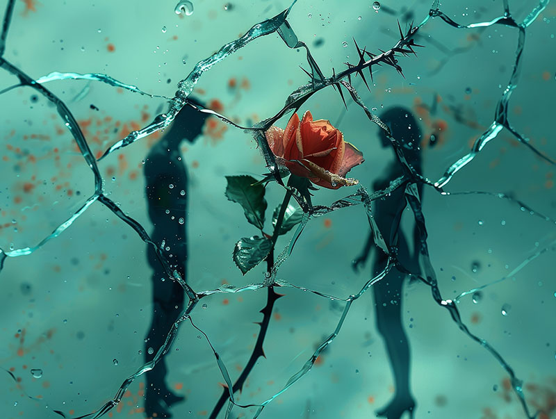 One figure appears to be draining the life force from the other. A rose with thorns growing through the figures, representing a false form of love. Shattered glass or broken mirrors reflecting distorted versions of the figures. Use a cool color palette to evoke a sense of isolation and despair,