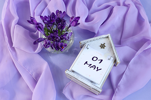 May 1st calendar: numbers 01, month name May in English on a decorative calendar with a bouquet of flowers on a pastel background goal setting