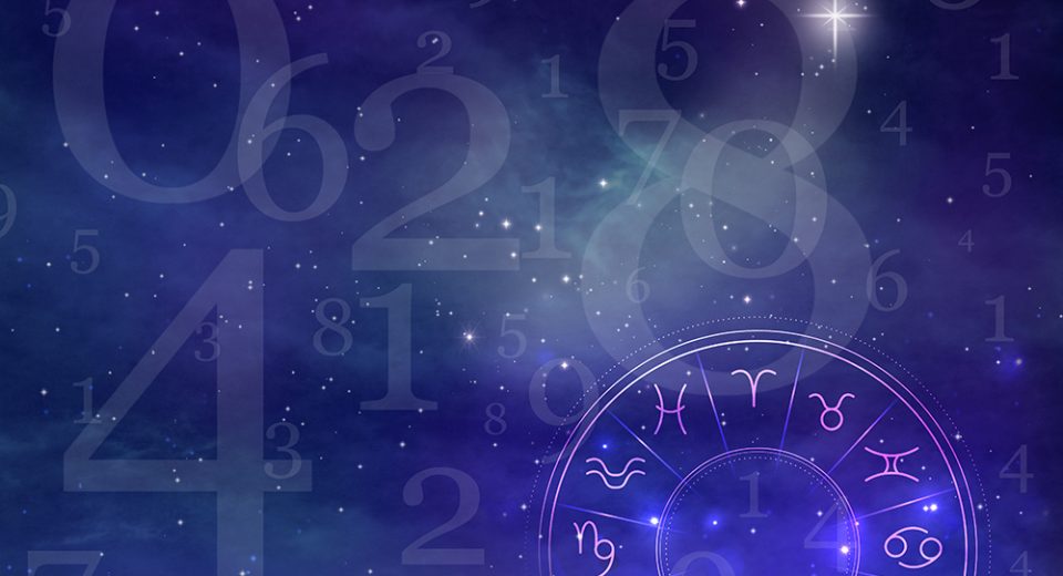 Numerology. Many numbers and zodiac wheel against sky life path number meaning