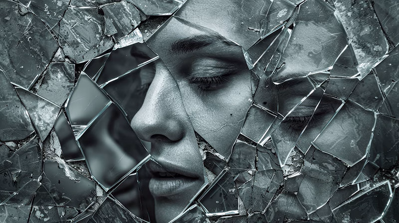 Woman's face shattered illustrating complex PTSD