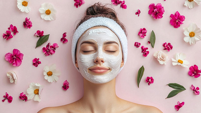 Indulge in a tranquil facial spa experience embracing self-care amidst floral serenity.