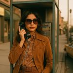 Urban payphone booth, retro woman