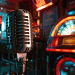 Retro microphone and jukebox in vintage, neon-lit bar