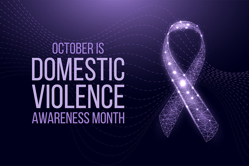 Domestic Violence Awareness Month concept. Banner template with glowing low poly purple ribbon. Futuristic modern abstract background. Vector illustration.