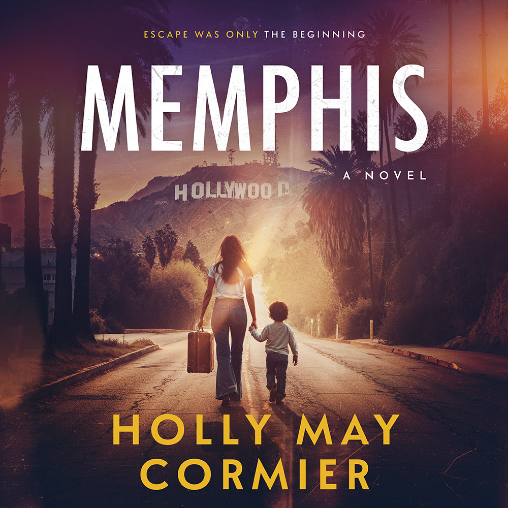 Woman and child walking scared toward Hollywood Hills sign with memphis and Holly May Cormier words