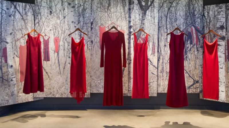 Hanging red dresses showing the loss of Highway of Tears: The Unsolved Disappearances and Murders of Indigenous Women in Canada
